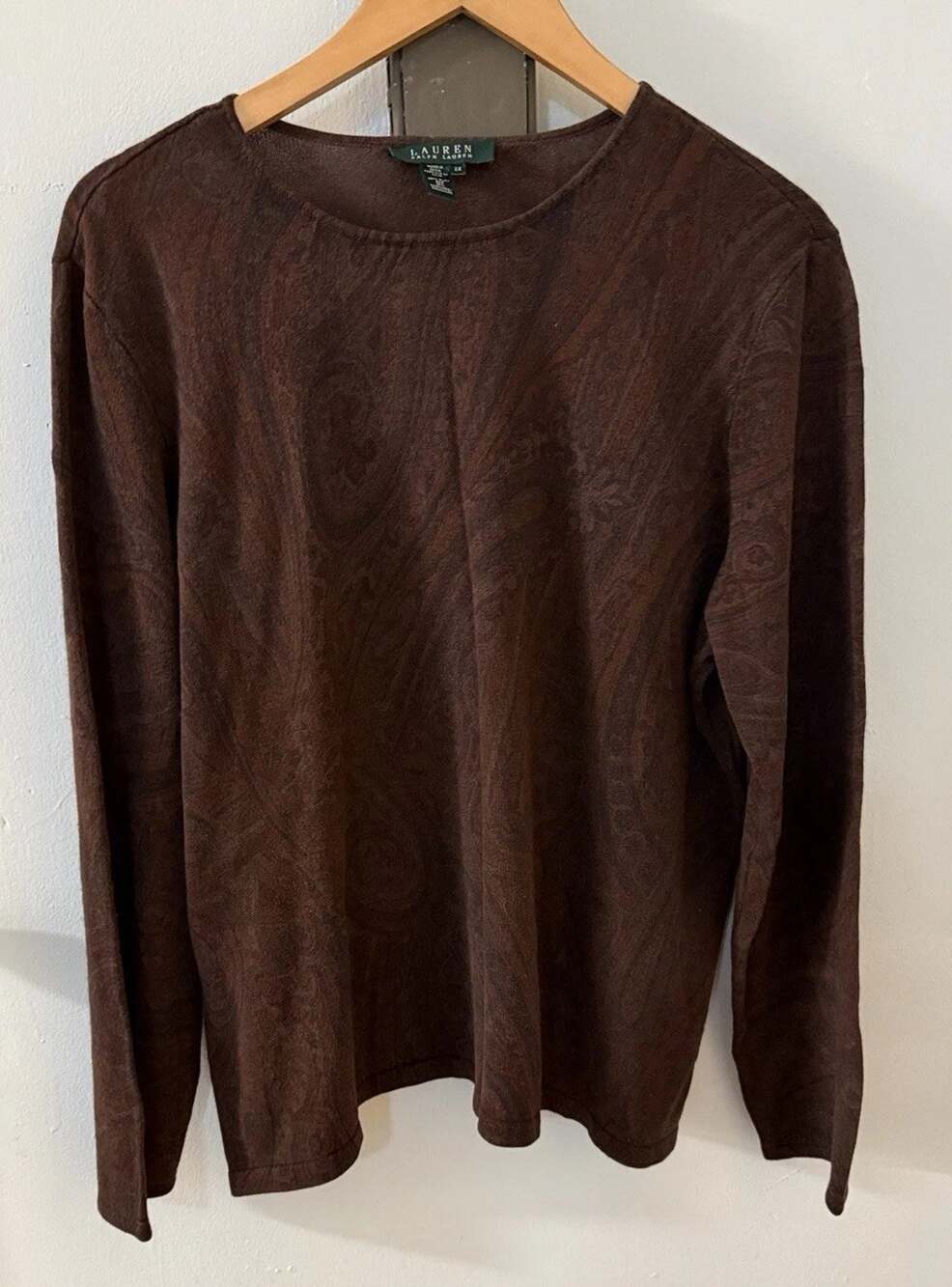 Lauren Ralph Lauren 2X Silk Cashmere Metallic Paisley Sweater Brown Gold